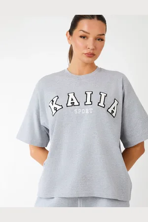 Public Desire Kaiia Sport Logo Oversized T-Shirt Grey Marl & White