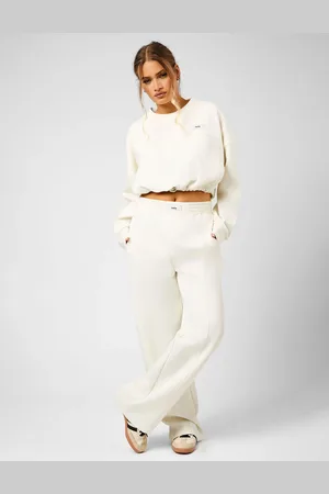 Public Desire Kaiia Label Logo Premium Interlock Seam Detail Wide Leg Joggers Cream