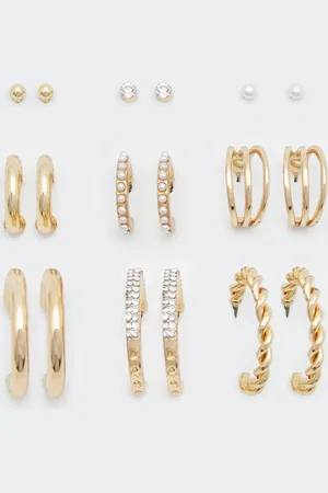 Pull&Bear Pack Of 9 Pairs Of Gold-Toned Earrings