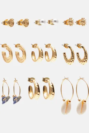 Pull&Bear Pack Of 9 Pairs Of Gold-Toned Earrings