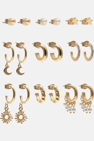 Pull&Bear Pack Of 9 Pairs Of Gold-Toned Earrings