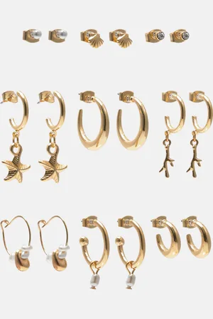 Pull&Bear Pack Of 9 Pairs Of Gold-Toned Earrings