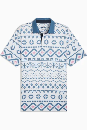 PUMA Fair Isle Print Golf Polo Shirt Men, White Glow/Blue Horizon, size Medium