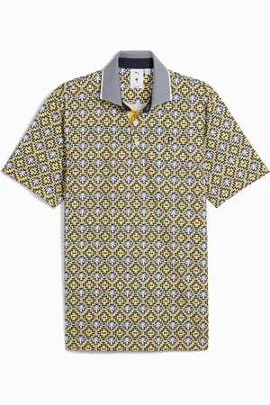 PUMA X Palm Tree Crew Tile Golf Polo Shirt Men, Red Fire/Sunny Yellow, size Large