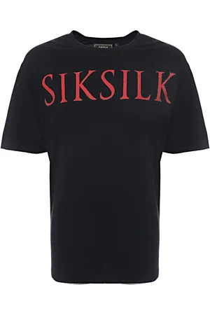 SikSilk Mens Oversized T-Shirt in Black with Red Rhinestone Logo - Large - Black