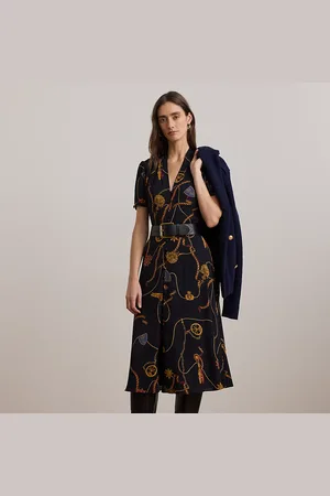 Ralph Lauren Print Belted Georgette Puff-Sleeve Dress