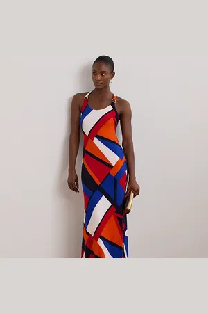 Ralph Lauren Print Ring-Trim Jersey Halter Gown