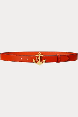 Ralph Lauren Anchor-Logo Leather Skinny Belt