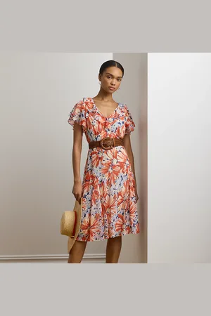 Ralph Lauren Floral Georgette Flutter-Sleeve Dress