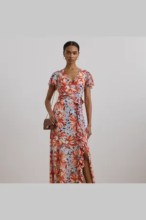 Ralph Lauren Floral Belted Flutter-Sleeve Gown
