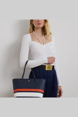 Ralph Lauren Striped Leather Medium Karly Tote Bag