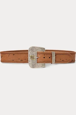 Ralph Lauren Tooled-Buckle Calf-Suede & Calfskin Belt