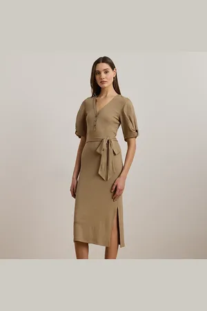 Ralph Lauren Belted Rib-Knit Puff-Sleeve Dress