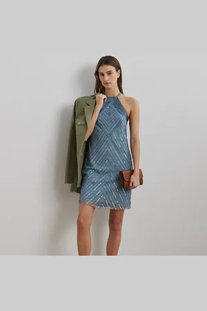 Ralph Lauren Beaded Mesh Halter Cocktail Dress