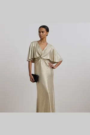 Ralph Lauren Foil-Print Jersey Cape Gown
