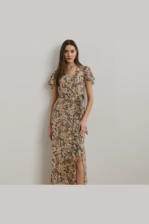 Ralph Lauren Floral Belted Flutter-Sleeve Gown