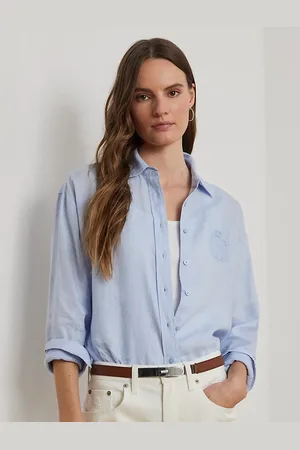 Ralph Lauren Oversize Striped Floral-Logo Linen Shirt