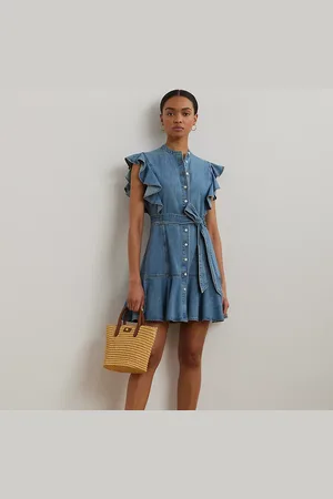 Ralph Lauren Belted Denim Flutter-Sleeve Shirtdress