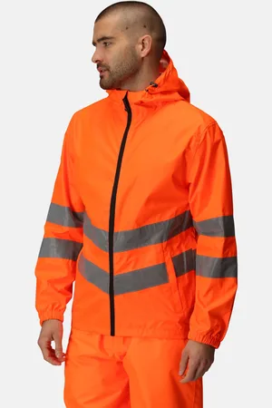 Regatta Lightweight Mens Orange and Grey Striped Hi Vis Pro Waterproof Reflective Packaway Work Jacket, Size: S