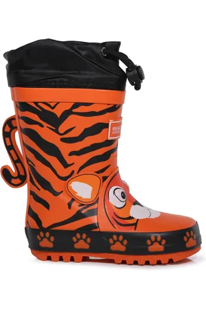 Regatta Waterproof Orange and Black White Tiger Print Mudplay Animal Wellies Wellington Boots, Size: UK Junior 1