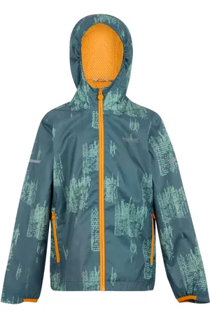 Regatta Kids Water-repellent Printed Lever II Waterpoof Jacket Stormy Weather Glacier Bright Marigold, Size: 11-12 Years