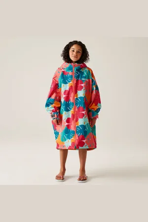 Regatta Junior Waterproof Changing Robe Tropical Leaf Print Turquoise, Size: 5-9 Years