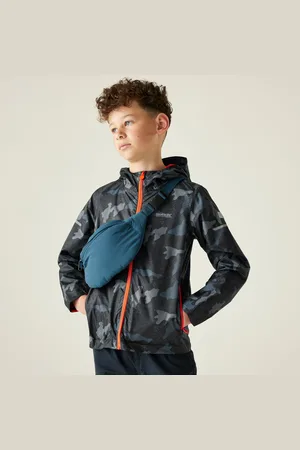 Regatta Kids Water-repellent Printed Lever II Waterpoof Jacket Navy Tangerine Tango, Size: 9-10 Years