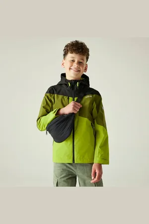 Regatta Kids Water-repellent Highton VI Waterpoof Jacket Grenoble Nephrite Black Wild Lime, Size: 3-4 Years