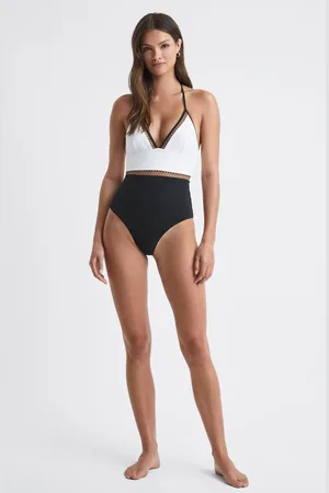 Reiss White & tan Colourblock Halter Swimsuit, 6