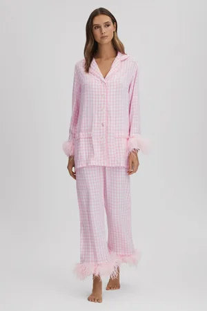 Party checked feather-embellished twill pajama set
