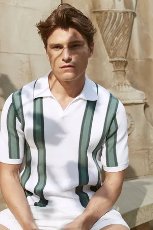 Reiss | White & sage Ricco Open Collar Striped Polo T-shirt, Xxl