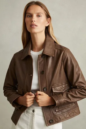 Reiss Hanson Trucker Jacket Leather Plain, Size: 4