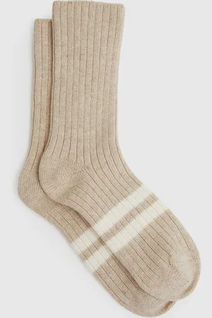 Reiss Carina Oatmeal Wool Blend Ribbed Crew Socks, 6-8, Beige & cream