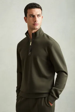 Reiss Hale Forest Leather-placket Interlock Jersey Sweatshirt, , Size: XS