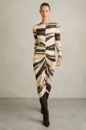 Reiss Georgia Dress Lyocell Abstract Print, Neutral & navy Size: 4