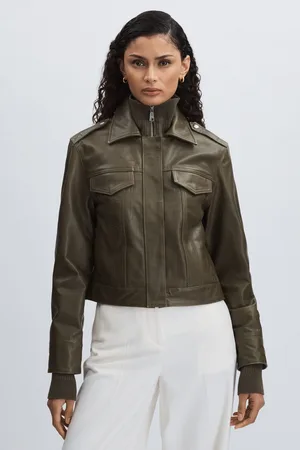 Paige Leather Cropped Bomber Jacket, , L