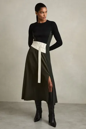 Reiss Emilina Midi Dress Rib Knit, Khaki & black Size: 10