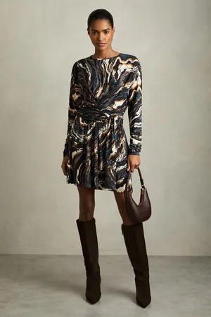 Reiss Black & blue Jersey Printed Tie-waist Mini Dress, XS