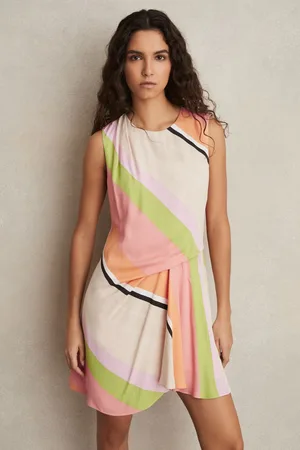Reiss Pink & green Stripe-print Tuck Mini Dress, 14