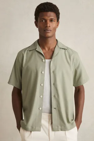 Reiss Herringbone Twill Cuban Collar Short Sleeve Shirt, XS