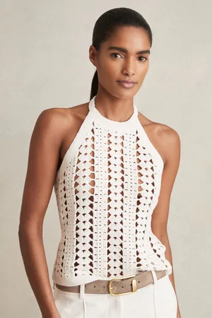 Reiss Cotton Crochet Halterneck Vest Top, XS