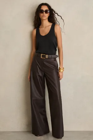 Reiss Leather Wide Leg Trousers, 4R