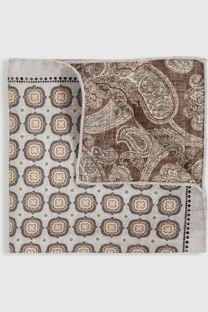 Reiss Grey & tobacco Brown Silk Medallion Reversible Pocket Square