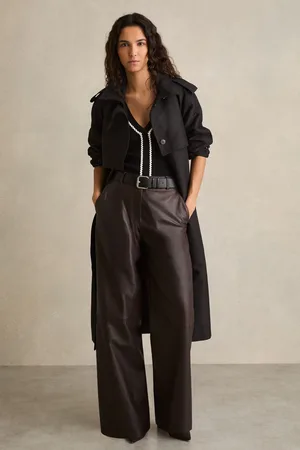 Reiss Petite Leather Wide Leg Trousers, 4