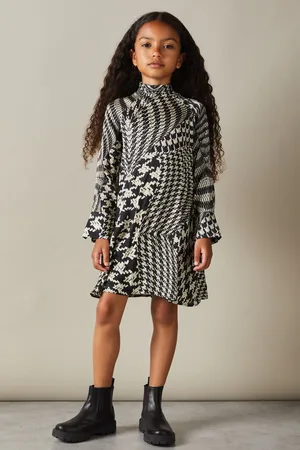 Reiss Ester Hem Dress Dogtooth, Black & cream Size: 4-5Yrs