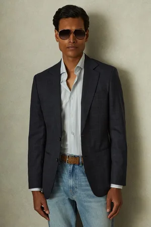 Reiss Single-breasted Wool Blend Blazer in Prince of Wales Check, 40