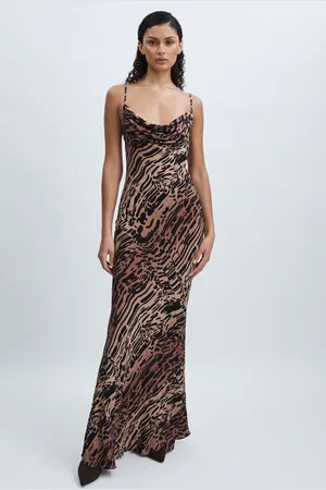 GOOD AMERICAN Chiffon Cowl Maxi Dress Animal Print, Size: 12