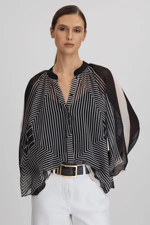 Reiss Charli Blouse Placement Print, Black & cream Size: 4