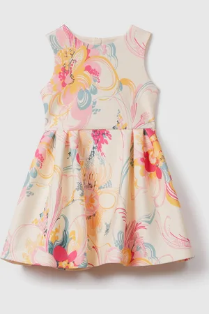 Reiss Trinny Pink Print 13-14 yrs Pleated Scuba Dress, 13-14yrs, Pink & blue