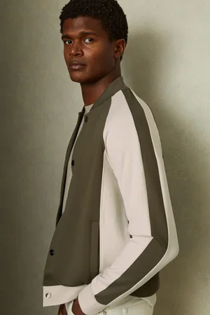 Reiss Sage Green & off White Colourblock Jersey Varsity Jacket, XL